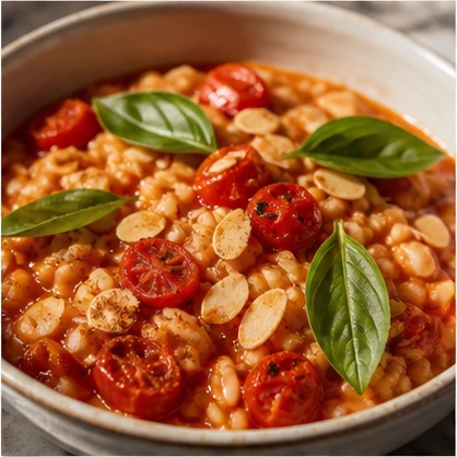 Carolino tomato rice with basil and toasted almonds