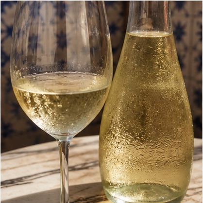 Chilled Vinho Verde in a wine glass beside its bottle