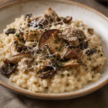 Creamy mushroom risotto finished with herbs and grated cheese