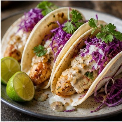 Three fish tacos with purple cabbage, herbs, and lime