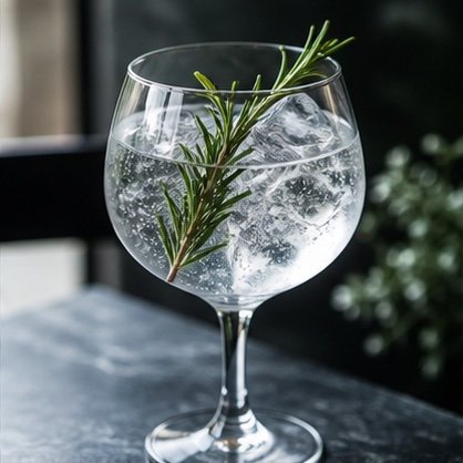 Clear gin and tonic with ice and a rosemary sprig