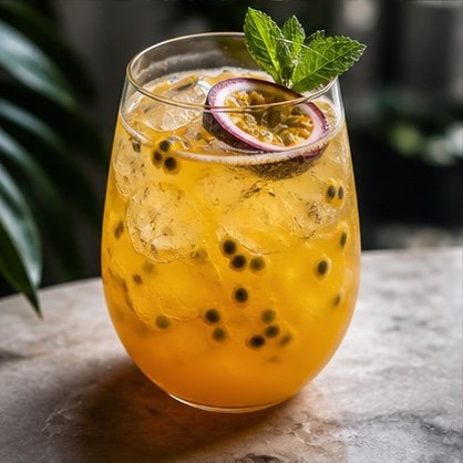 Golden passionfruit spritz with mint and crushed ice